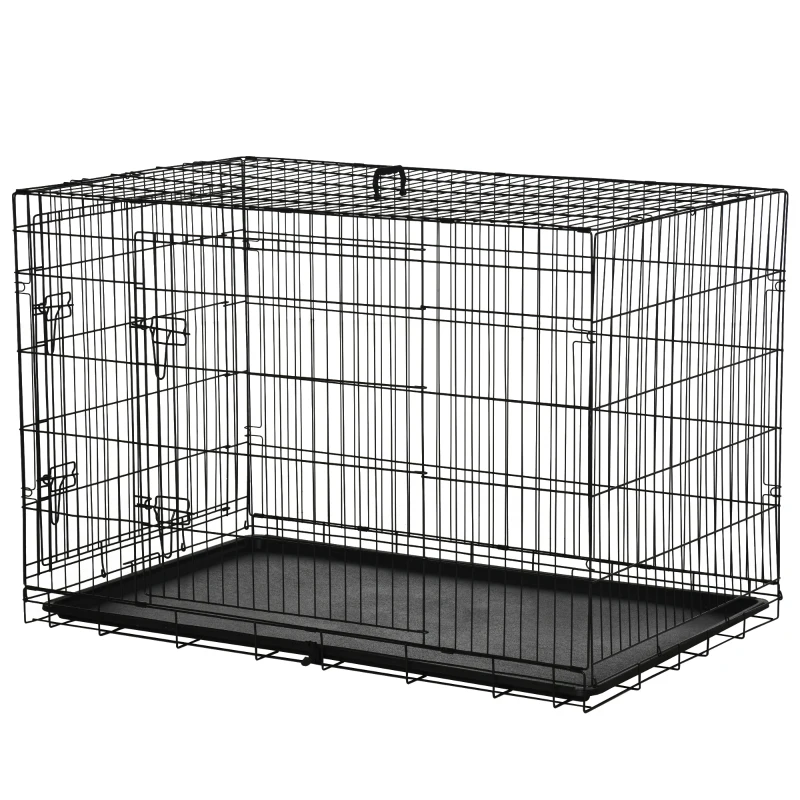 PawHut Gaiola para Cães com 2 Portas Gaiola para Animais de Estimação de Arame Dobrável com Alça de Transporte Aço 121x74,5x81cm Preto