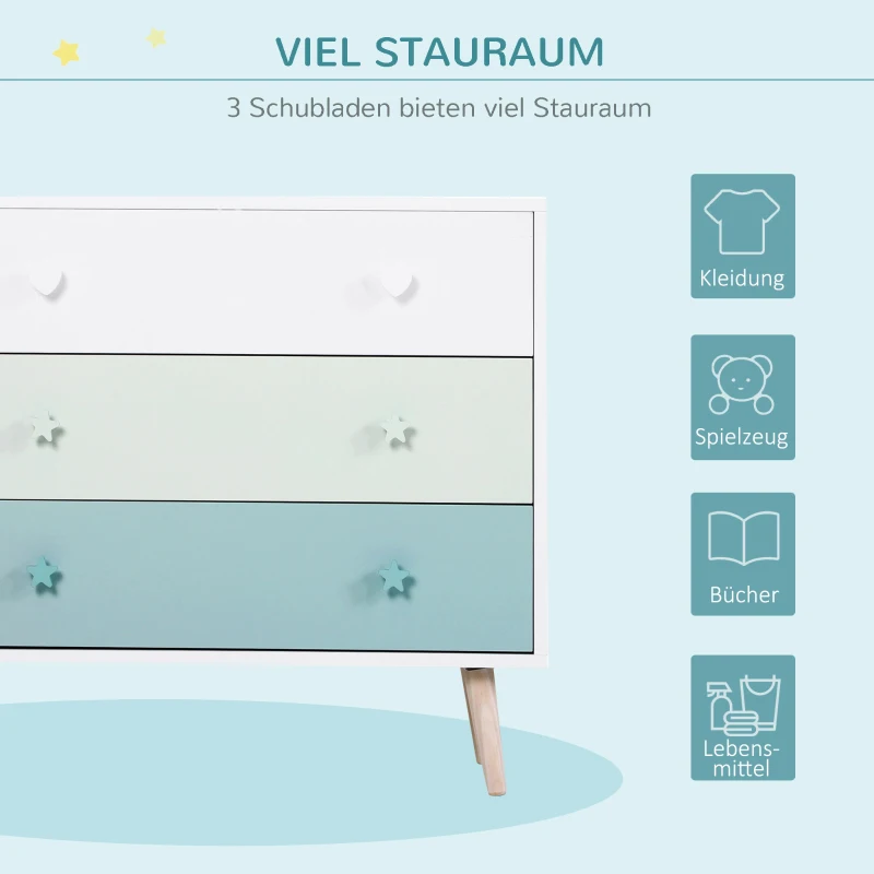 HOMCOM Kinderzimmer Schrank mit 3 Schubladen, Kinderschrank, Kommode, Aufbewahrung, Kiefernholz, MDF, Blau, 90 x 42 x 80 cm