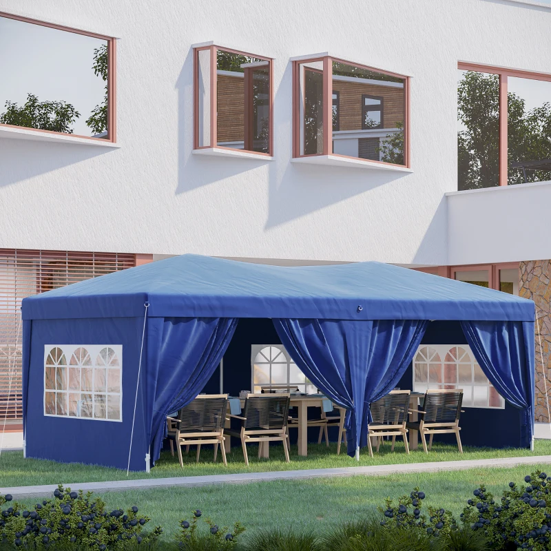 HOMCOM Tonnelle de Jardin pop-up 6 x 3 m Tente d'extérieur Tente de Reception Pliante pavillon chapiteau Barnum avec 4 parois latérales Oxford 210D Bleu Cote demontables