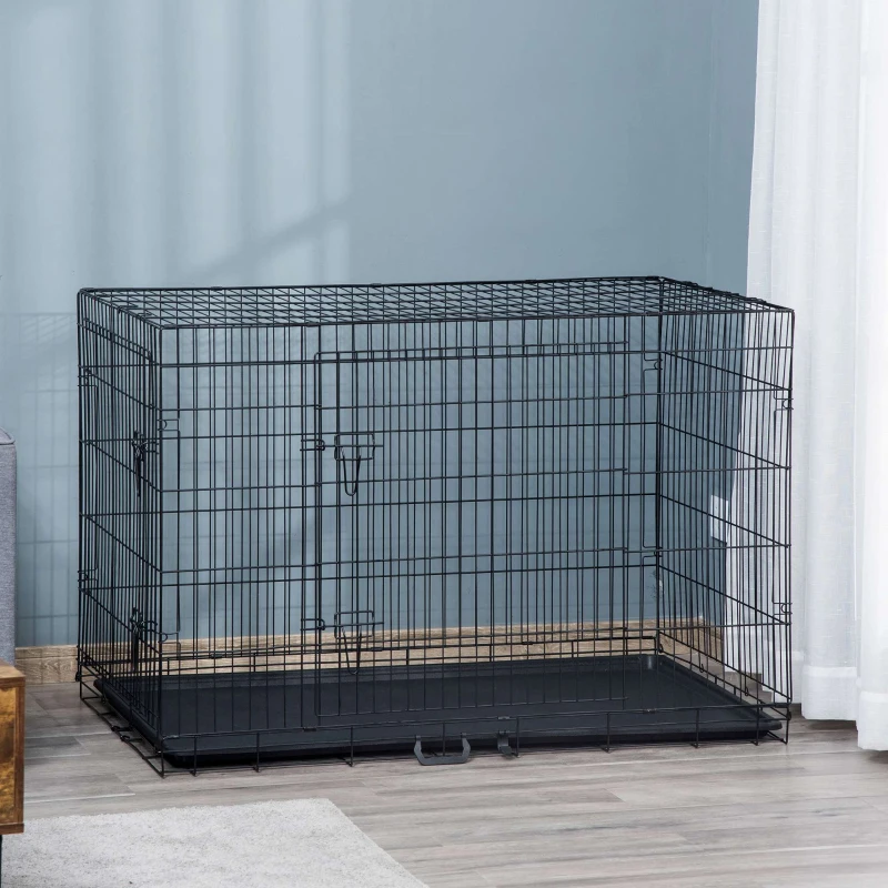 PawHut Gaiola para Cães com 2 Portas Gaiola para Animais de Estimação de Arame Dobrável com Alça de Transporte Aço 121x74,5x81cm Preto