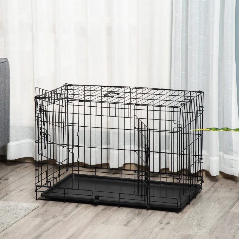 PawHut Gaiola para Cães com 2 Portas Gaiola para Animais de Estimação de Arame Dobrável com Alça de Transporte Aço 76x46x52cm Preto
