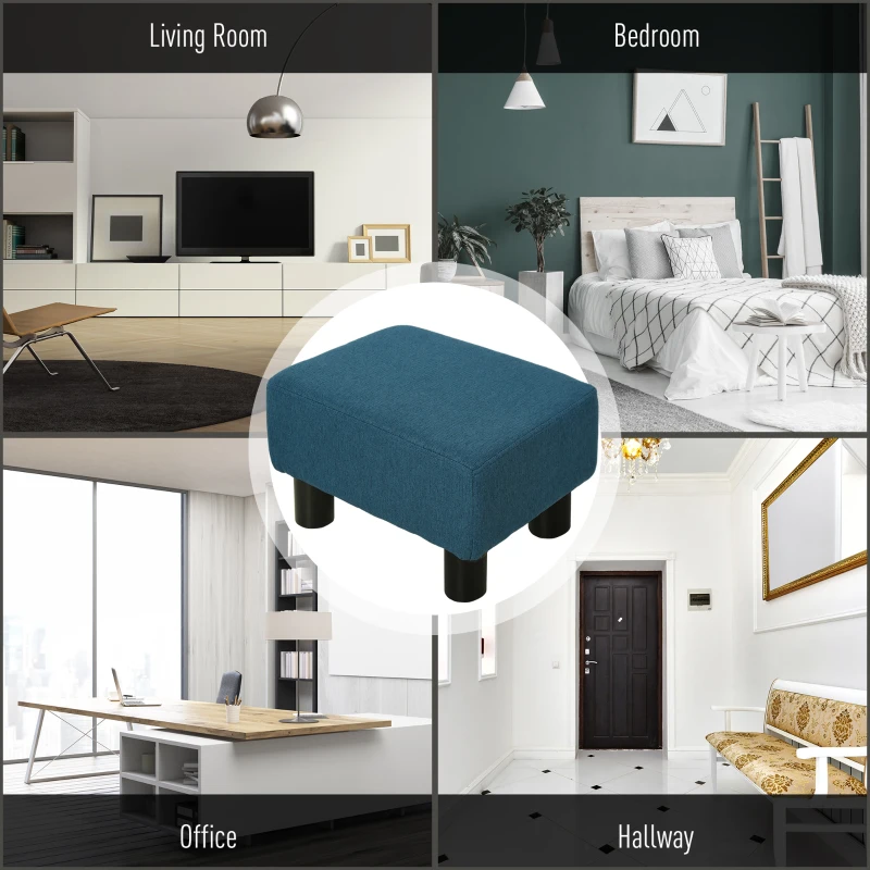 HOMCOM Footstool, Linen Upholstered Footrest, Small Ottoman Foot Rest with Wooden Frame for Living Room, 40 x 30 x 24cm, Blue