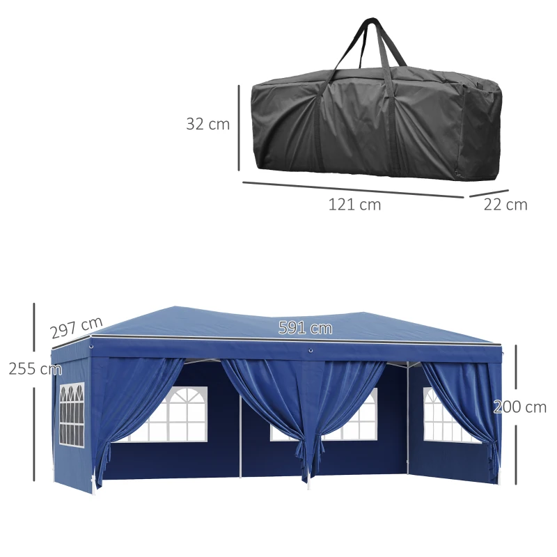 HOMCOM Tonnelle de Jardin pop-up 6 x 3 m Tente d'extérieur Tente de Reception Pliante pavillon chapiteau Barnum avec 4 parois latérales Oxford 210D Bleu Cote demontables