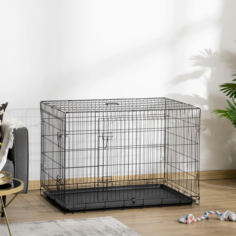 PawHut Gaiola para Cães Pequenos Gaiola para Animal de Estimação Dobrável com 2 Portas Alça de Transporte Bandeja Removível Aço 106x71x76cm Preto