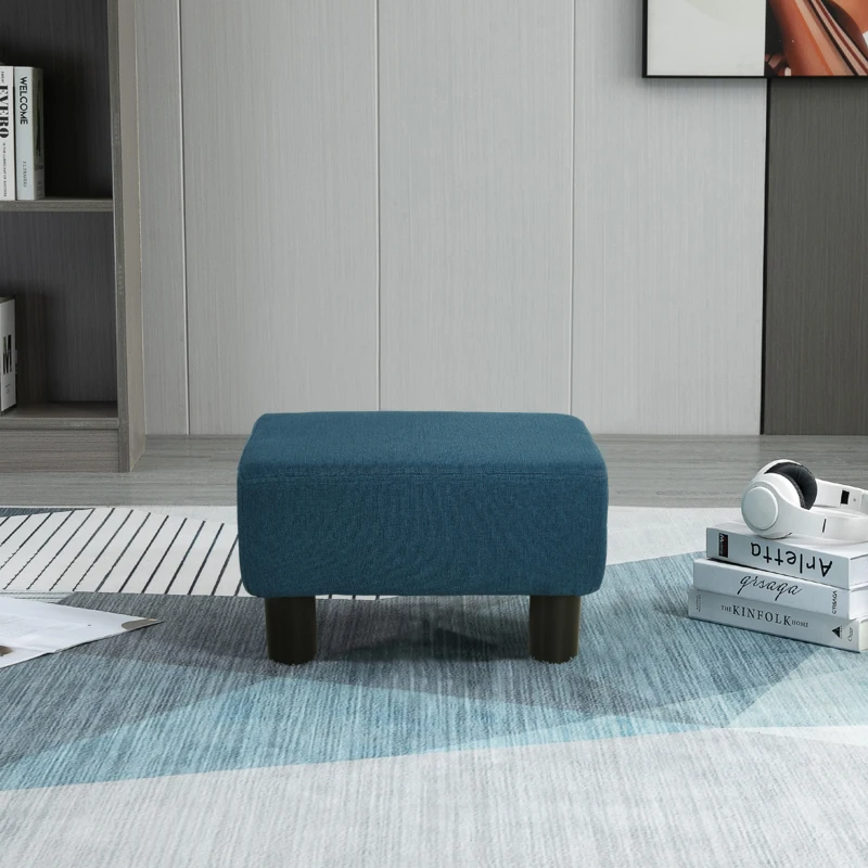 HOMCOM Footstool, Linen Upholstered Footrest, Small Ottoman Foot Rest with Wooden Frame for Living Room, 40 x 30 x 24cm, Blue