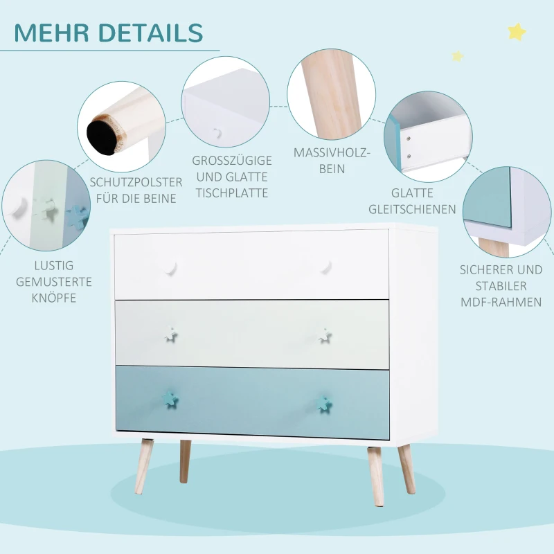 HOMCOM Kinderzimmer Schrank mit 3 Schubladen, Kinderschrank, Kommode, Aufbewahrung, Kiefernholz, MDF, Blau, 90 x 42 x 80 cm