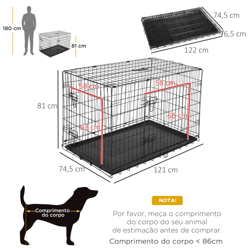 PawHut Gaiola para Cães com 2 Portas Gaiola para Animais de Estimação de Arame Dobrável com Alça de Transporte Aço 121x74,5x81cm Preto