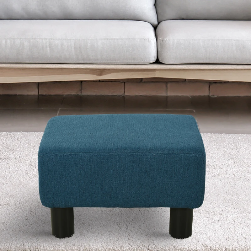 HOMCOM Footstool, Linen Upholstered Footrest, Small Ottoman Foot Rest with Wooden Frame for Living Room, 40 x 30 x 24cm, Blue