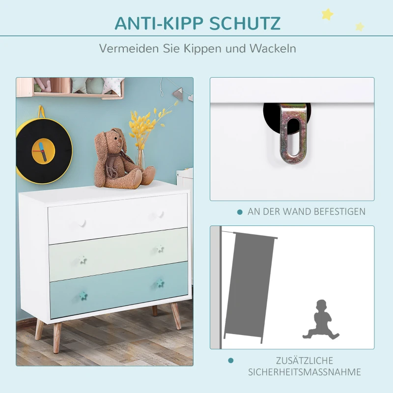 HOMCOM Kinderzimmer Schrank mit 3 Schubladen, Kinderschrank, Kommode, Aufbewahrung, Kiefernholz, MDF, Blau, 90 x 42 x 80 cm