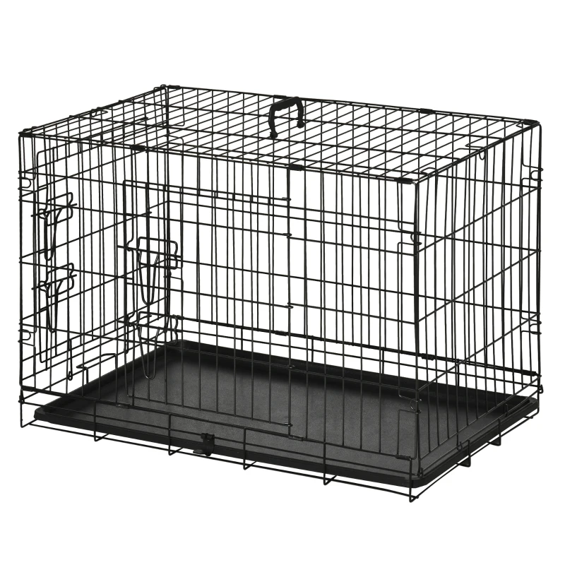 PawHut Gaiola para Cães com 2 Portas Gaiola para Animais de Estimação de Arame Dobrável com Alça de Transporte Aço 76x46x52cm Preto