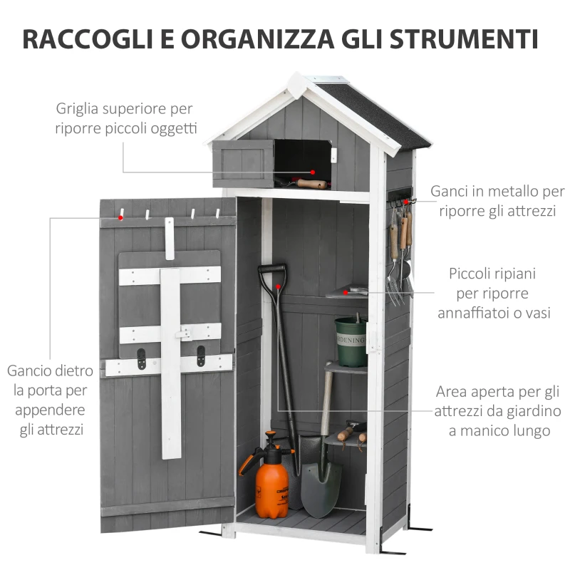 Outsunny Casetta da Giardino Porta Attrezzi in Abete con Ripiano Rimovibile e Tavolo da Lavoro, 78x52.5x182 cm, Grigia