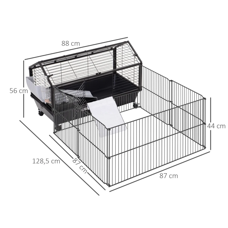 PawHut Metal Rabbit Guinea Pig Hutch Small Animal Cage Run Space Main House Wheels Brakes