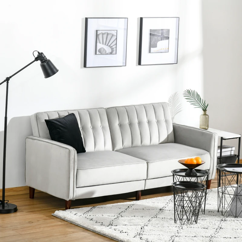 HOMCOM Modern Convertible Sofa Futon Velvet-Touch Tufted Couch Compact Loveseat with Adjustable Split Back, Light Grey