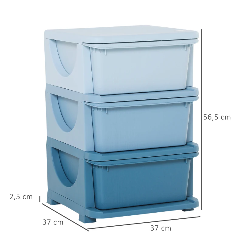 HOMCOM Opbergbox voor kinderen – 3 lades, afgeronde hoeken, verhoogd design 37x37x56,5 cm, Blauw