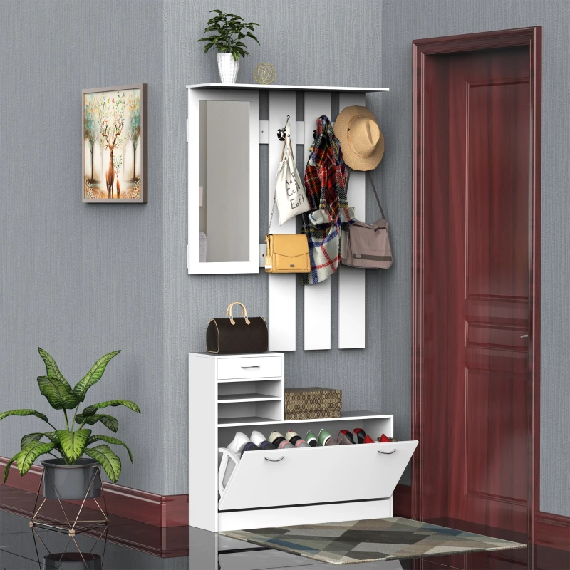 HOMCOM 2PC Shoes Storage Chest Cloths Rack Unit w/Mirror Multiple Shelves Large Storage Capacity Shoes Cabinet 6 Hooks Cloth Rack White