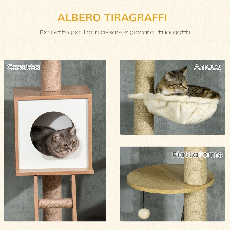 PawHut Albero per Gatti in Truciolato ad Altezza Regolabile con Tiragraffi, Casetta, Amaca e Pallina, 40x40x225-285 cm