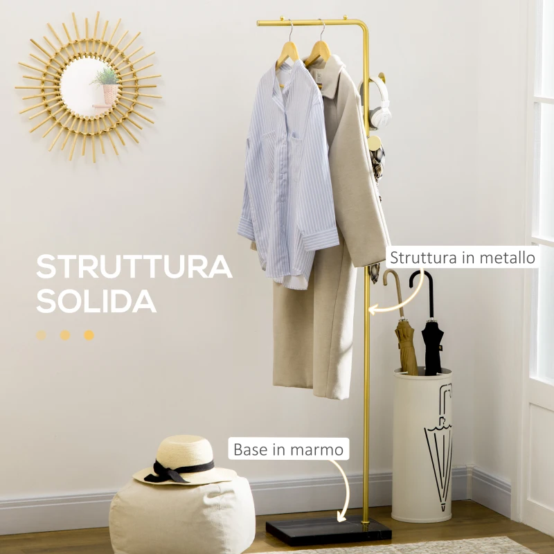 HOMCOM Appendiabiti con 2 Ganci per Ingresso, Camera da Letto e Soggiorno in Metallo e Marmo, 35x25x170 cm, Oro e Nero