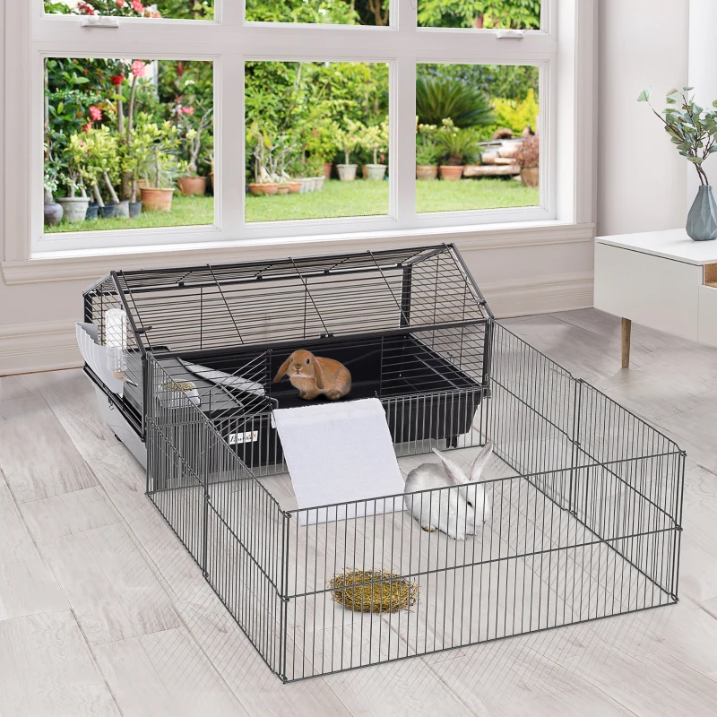 PawHut Metal Rabbit Guinea Pig Hutch Small Animal Cage Run Space Main House Wheels Brakes