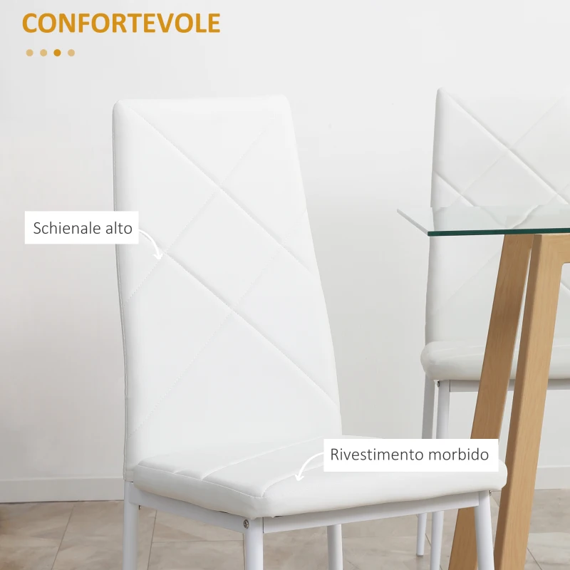 HOMCOM Set di 4 Sedie da Pranzo con Schienale Alto in Finta Pelle e Acciaio, 41x50x97cm, Bianco