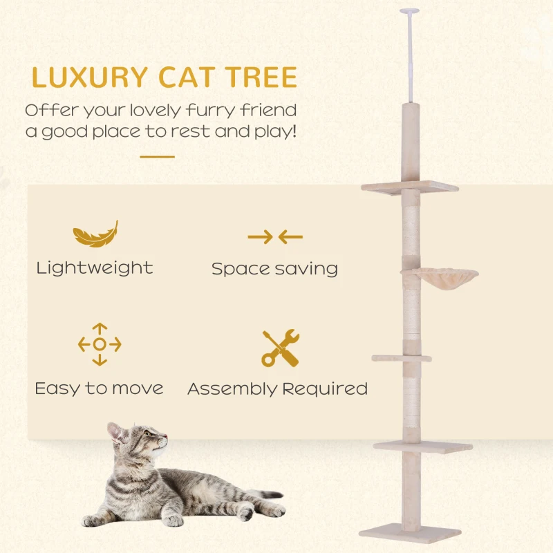 PawHut Floor to Ceiling Cat Tree for Indoor Cats 5-Tier Kitty Tower Climbing Activity Center Scratching Post Adjustable Height 230-260 cm Beige