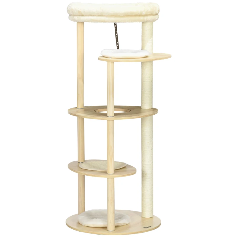 PawHut Tiragraffi per Gatti in Truciolato e Legno di Pino con Lettino e Piattaforme, Ø54x123.5 cm