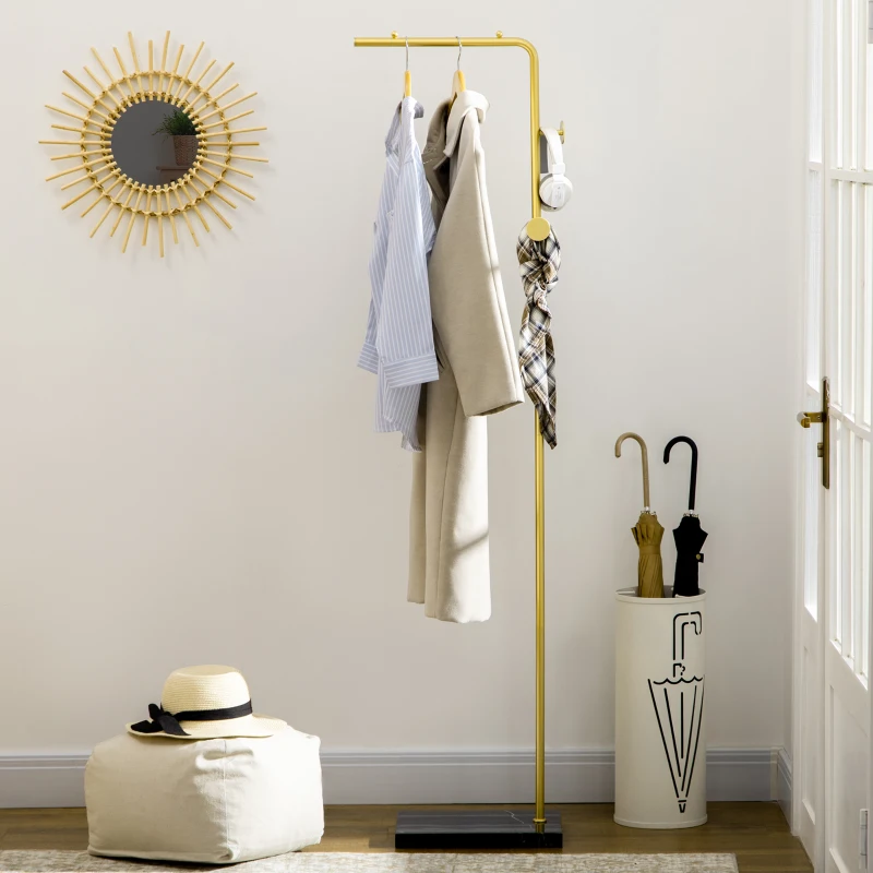 HOMCOM Appendiabiti con 2 Ganci per Ingresso, Camera da Letto e Soggiorno in Metallo e Marmo, 35x25x170 cm, Oro e Nero