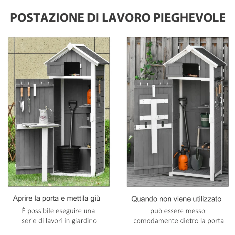 Outsunny Casetta da Giardino Porta Attrezzi in Abete con Ripiano Rimovibile e Tavolo da Lavoro, 78x52.5x182 cm, Grigia