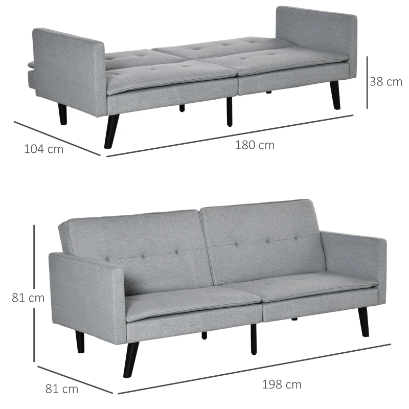 HOMCOM 3-Seater Sofa Bed Click-Clack Settee Recliner Couch with Wood Legs for Living Room, Grey