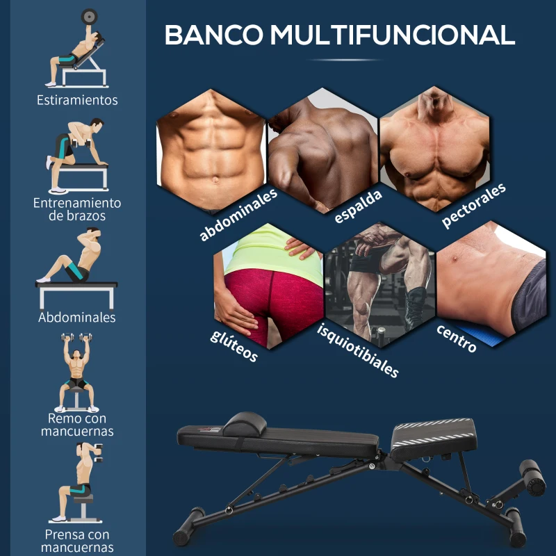 HOMCOM Banco de Pesas Plegable Banco de Musculación Ajustable con Respaldo Inclinable en 6 Posiciones y Reposacabezas para Entrenamiento Cuerpo Completo Gimnasio Carga 120 kg Negro