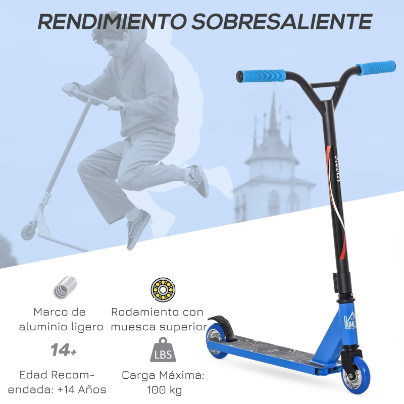 HOMCOM Patinete de Acrobacia Trucos y Saltos Patinete Freestyle de Aluminio para Adolescentes +14 Años y Adultos Carga 100 kg con Manillares de Caucho 68x46x84 cm Azul