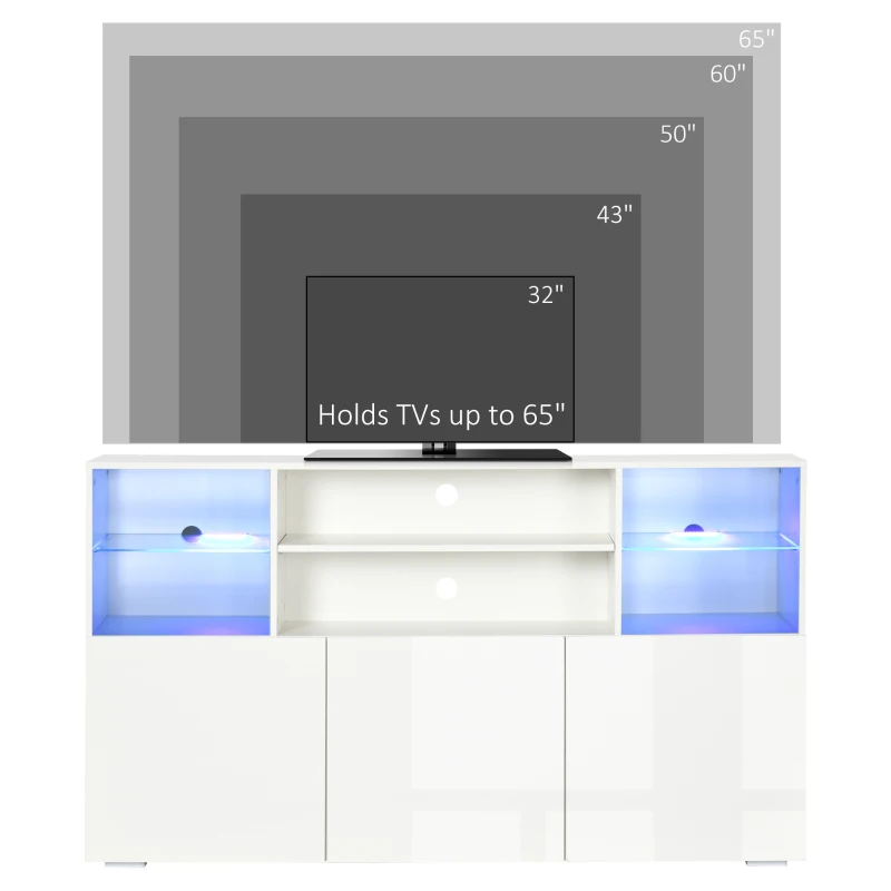 HOMCOM Mobile Porta TV fino 65" con Luci LED e Mensole in Vetro, 160x35x91cm, Bianco Lucido