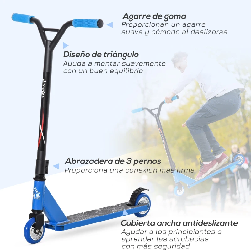 HOMCOM Patinete de Acrobacia Trucos y Saltos Patinete Freestyle de Aluminio para Adolescentes +14 Años y Adultos Carga 100 kg con Manillares de Caucho 68x46x84 cm Azul