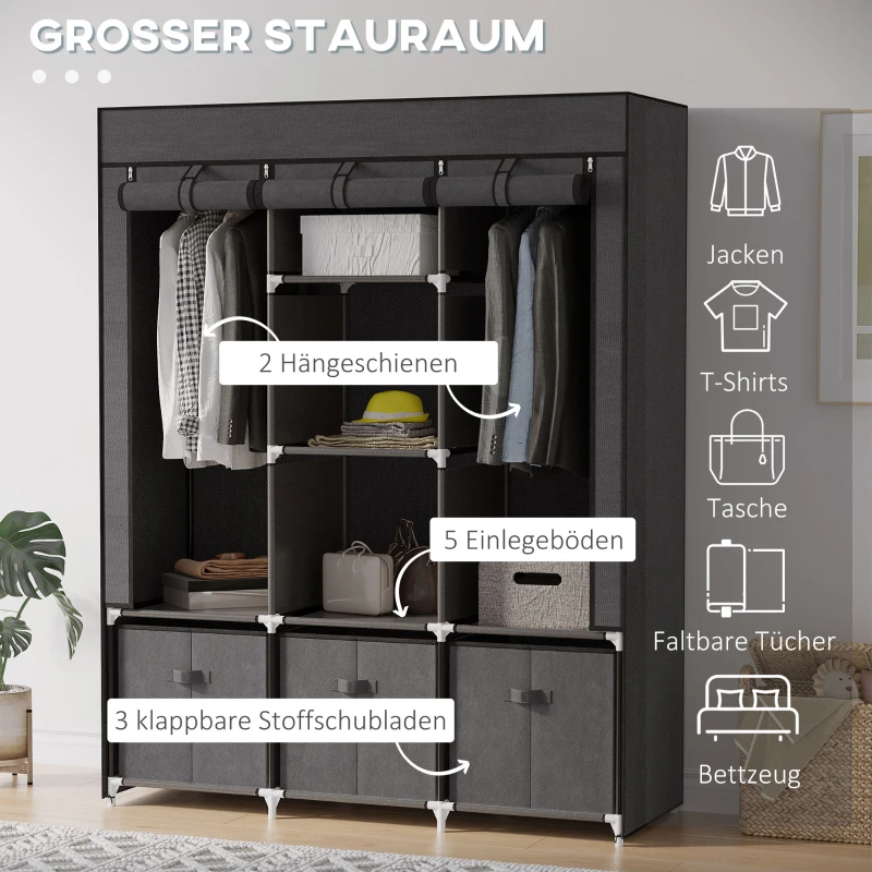 HOMCOM stoffen kledingkast, kledingkast met kledingrekken en laden, opvouwbare kledingkast met ritssluiting, opvouwbare kledingkast voor slaapkamer, niet-geweven stof, donkergrijs, 125 x 43 x 162,5 cm(m-4)