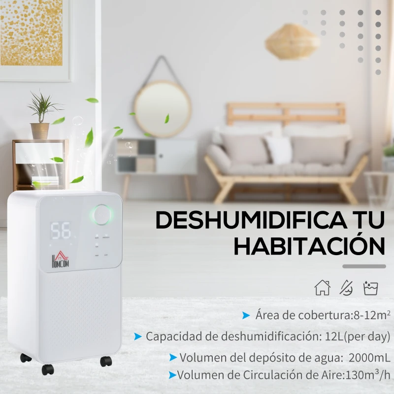 HOMCOM Deshumidificador Eléctrico 2000 ml 12L/Día con 4 Modos 2 Velocidades Pantalla LED Luces Indicadoras Temporizador y Ruedas Silencioso para Hogar 28x20x50,5 cm Blanco