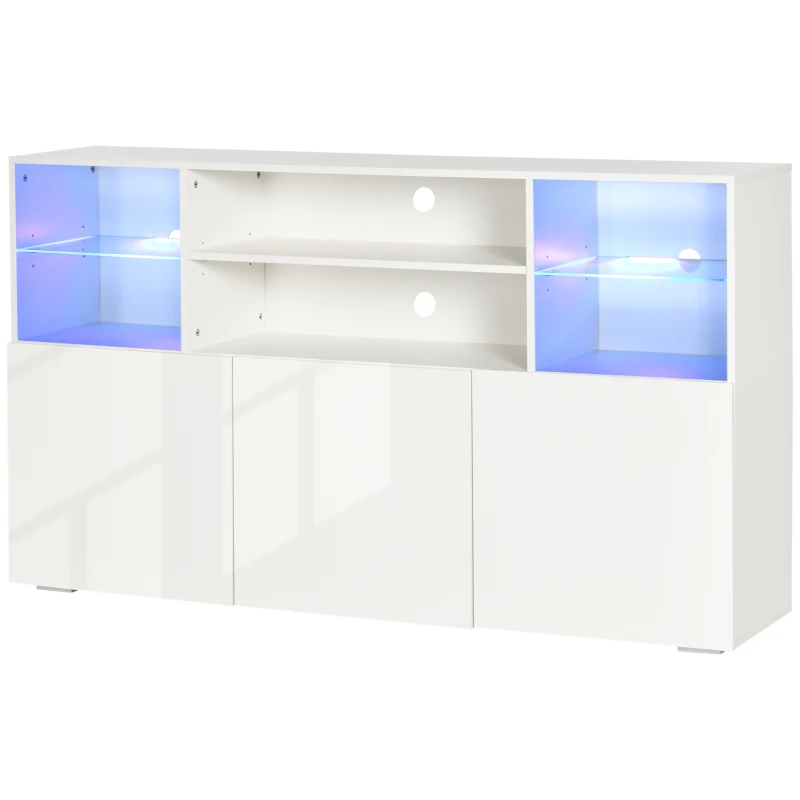 HOMCOM Mobile Porta TV fino 65" con Luci LED e Mensole in Vetro, 160x35x91cm, Bianco Lucido