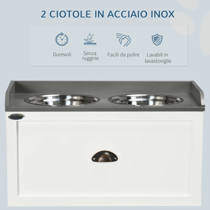 PawHut Ciotole per Cani Rialzate in Acciaio Inox e Legno con Cassetto, 60x30x36cm, Bianco e Grigio