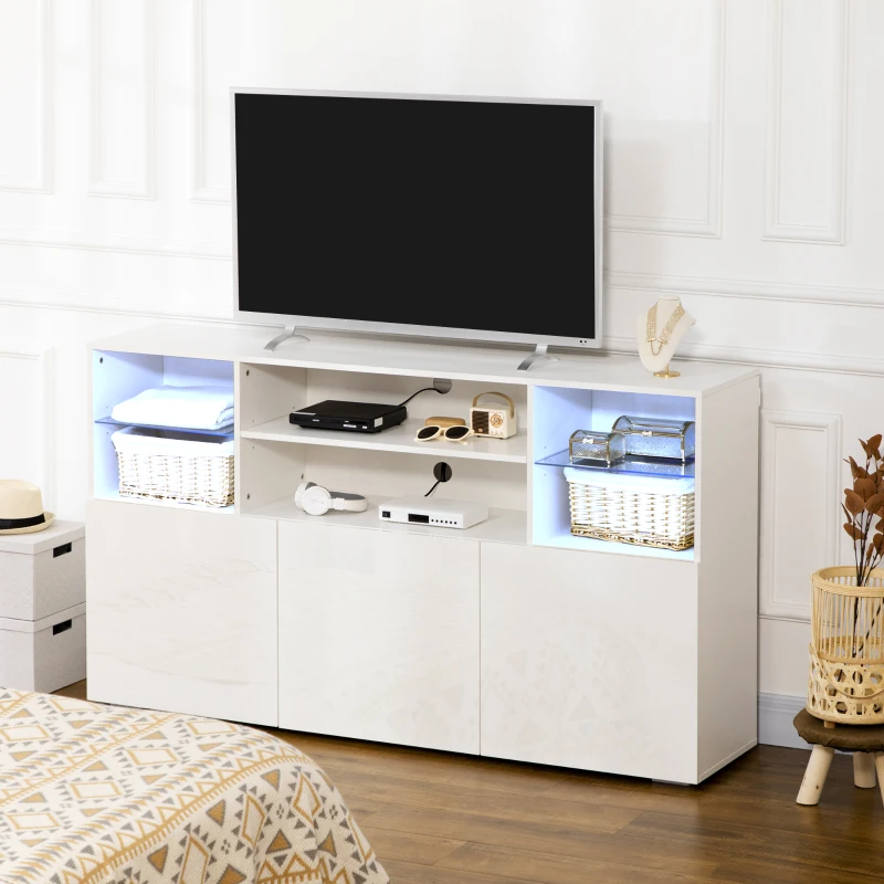 HOMCOM Mobile Porta TV fino 65" con Luci LED e Mensole in Vetro, 160x35x91cm, Bianco Lucido
