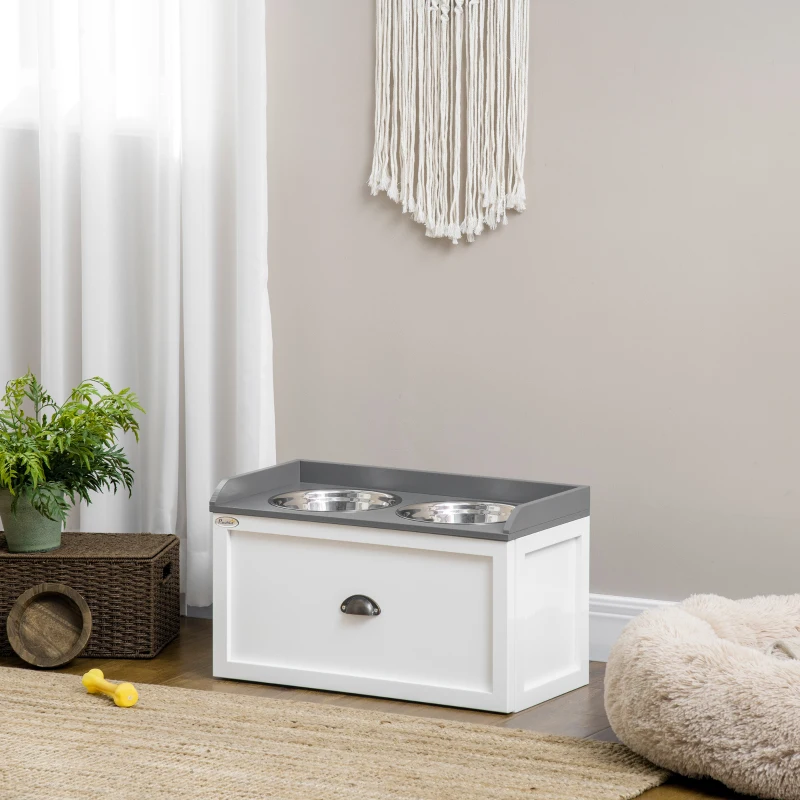 PawHut Ciotole per Cani Rialzate in Acciaio Inox e Legno con Cassetto, 60x30x36cm, Bianco e Grigio