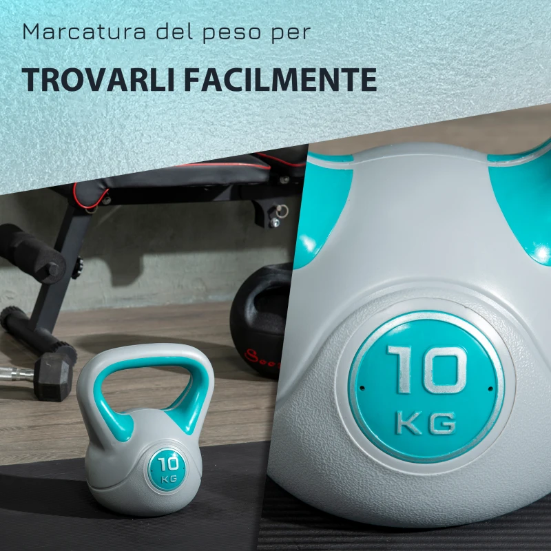SPORTNOW Kettlebell 10kg in PU e Sabbia con Base Piatta e Impugnatura per Stacchi, Squat e Sollevamenti, 22x16x26 cm, Verde Scuro