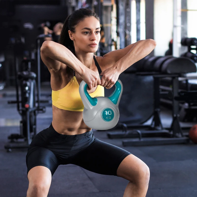 SPORTNOW Kettlebell 10kg in PU e Sabbia con Base Piatta e Impugnatura per Stacchi, Squat e Sollevamenti, 22x16x26 cm, Verde Scuro