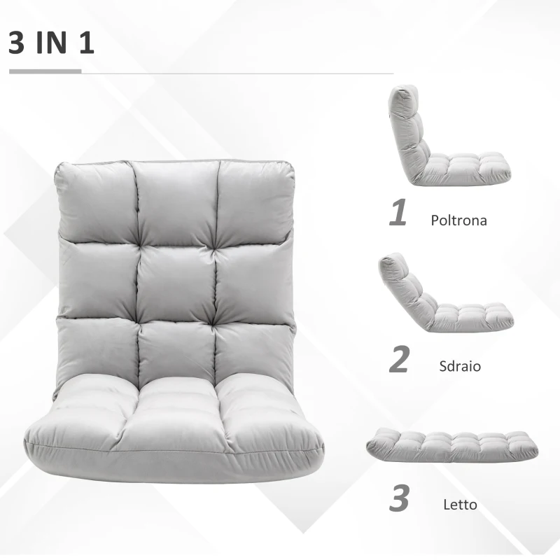 HOMCOM Poltrona Relax da Terra con Schienale Reclinabile fino 180°, 71x55x53.5cm, Grigio Chiaro