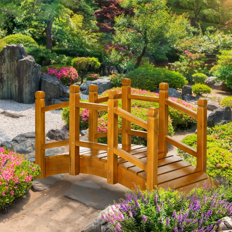 Outsunny Wooden Garden Bridge - With Safety Railings, Arc Footbridge for Backyard Pond Stream, Brown