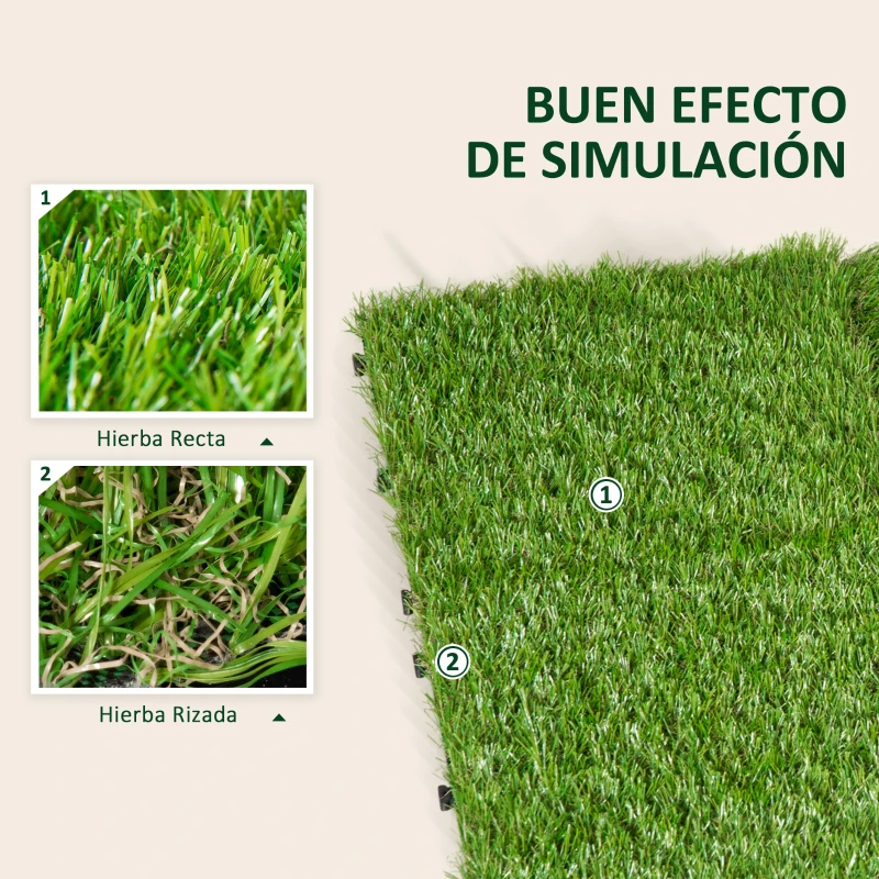 Outsunny Césped Artificial 30x30 cm 10 Piezas con Altura de Hierba 25mm Alta Densidad de 6500 Tipo Alfombra o Estera de Hierba Sintética de Exterior para Jardín y Terraza Verde