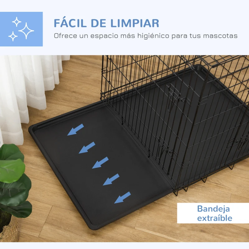 PawHut Jaula para Perros Plegable Jaula para Perros Medianos con 2 Puertas Bandeja Extraíble Asa y Marco de Alambre Acero 106x68x76 cm Negro