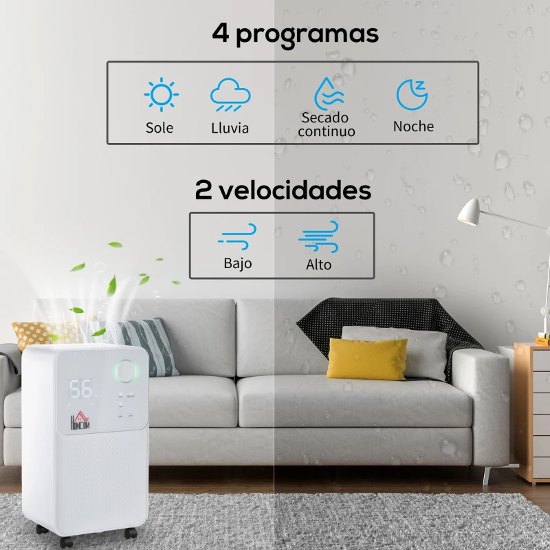 HOMCOM Deshumidificador Eléctrico 2000 ml 12L/Día con 4 Modos 2 Velocidades Pantalla LED Luces Indicadoras Temporizador y Ruedas Silencioso para Hogar 28x20x50,5 cm Blanco