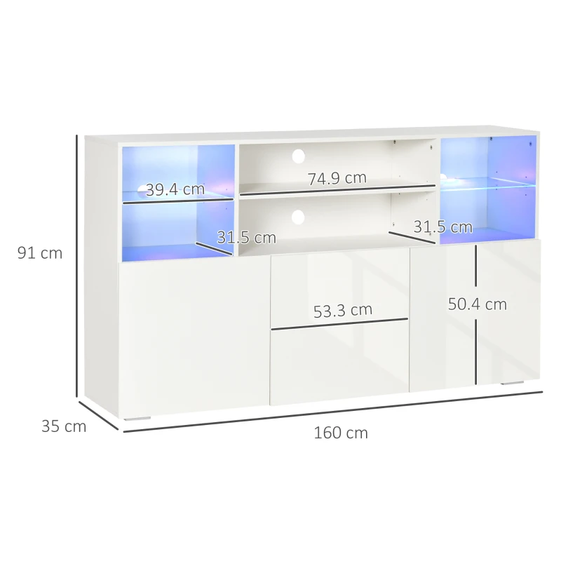 HOMCOM Mobile Porta TV fino 65" con Luci LED e Mensole in Vetro, 160x35x91cm, Bianco Lucido