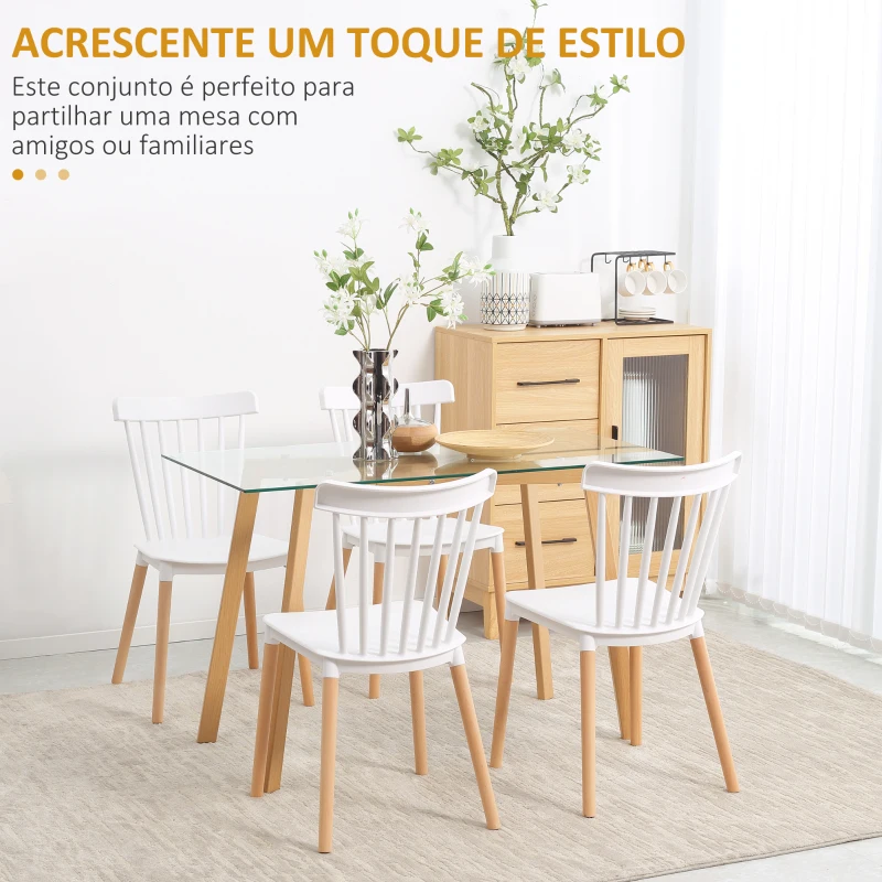 HOMCOM Conjunto de 4 Cadeiras Estilo Nórdico com Encosto Alto e Pés de Madeira de Faia 48x52,5x83cm Branco e Madeira
