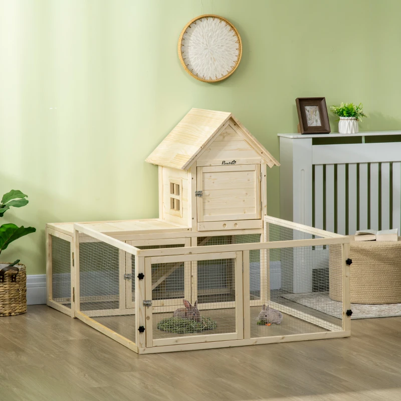 PawHut Conigliera per Interno in Legno d'Abete con Vassoio Estraibile, 3 Porte e Area Esterna, 151.5x106x97 cm