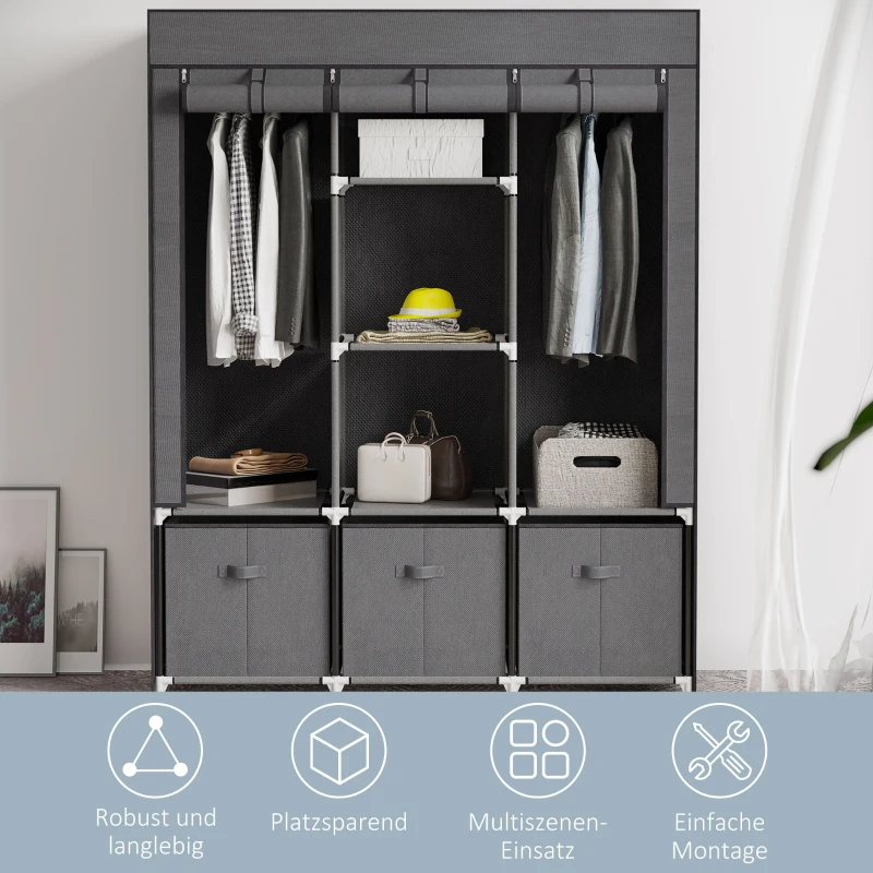 HOMCOM stoffen kledingkast, kledingkast met kledingrekken en laden, opvouwbare kledingkast met ritssluiting, opvouwbare kledingkast voor slaapkamer, niet-geweven stof, donkergrijs, 125 x 43 x 162,5 cm(m-6)
