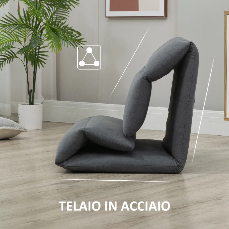 HOMCOM Poltrona da Terra con Schienale Reclinabile in Tessuto, 71x72x60cm, Grigio Scuro